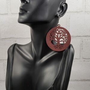 Wood Carved Tree of Life Leather Design Earrings